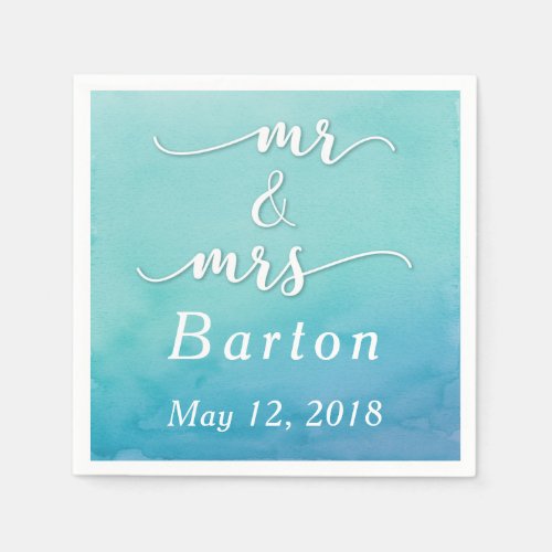 Teal  Blue Watercolor Wedding Mr  Mrs Typography Paper Napkins