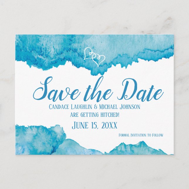 Teal Blue Watercolor Wedding Save the Date Postcard (Front)