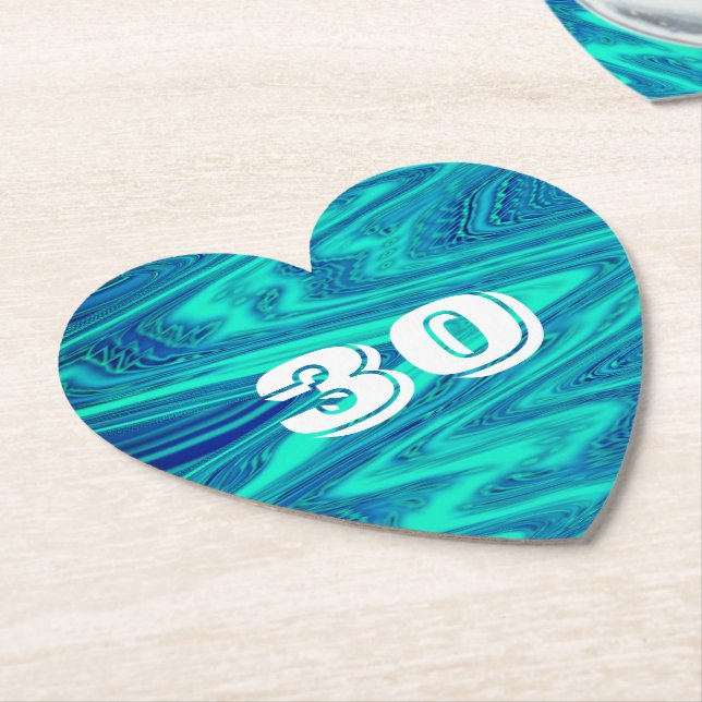 Teal Blue Waves Abstract 30th Birthday Custom Age Paper Coaster (Angled)