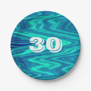 Teal Blue Waves Abstract 30th Birthday Custom Age Paper Plates