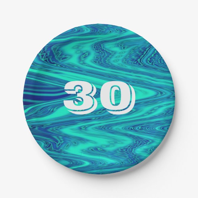Teal Blue Waves Abstract 30th Birthday Custom Age Paper Plates (Front)
