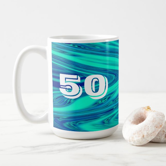 Teal Blue Waves Abstract 50 Birthday Custom Gift Coffee Mug (With Donut)