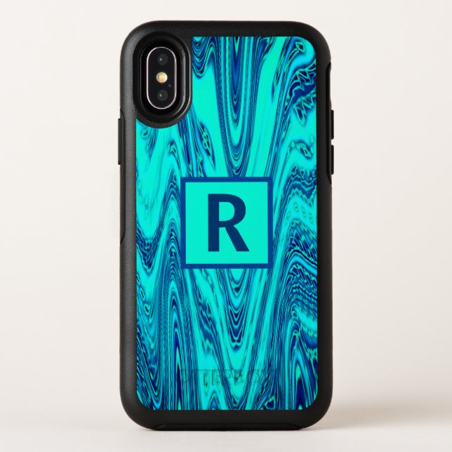 Teal Blue Waves Abstract Monogram Initials Otterbox iPhone Case (Back)