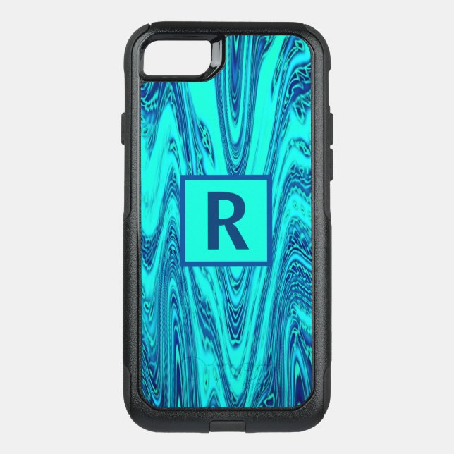 Teal Blue Waves Abstract Monogram Initials Otterbox iPhone Case (Back)