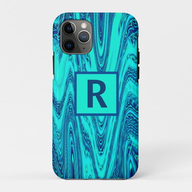 Teal Blue Wavy Abstract Patterns Monogram Initials Case-Mate iPhone Case (Back)