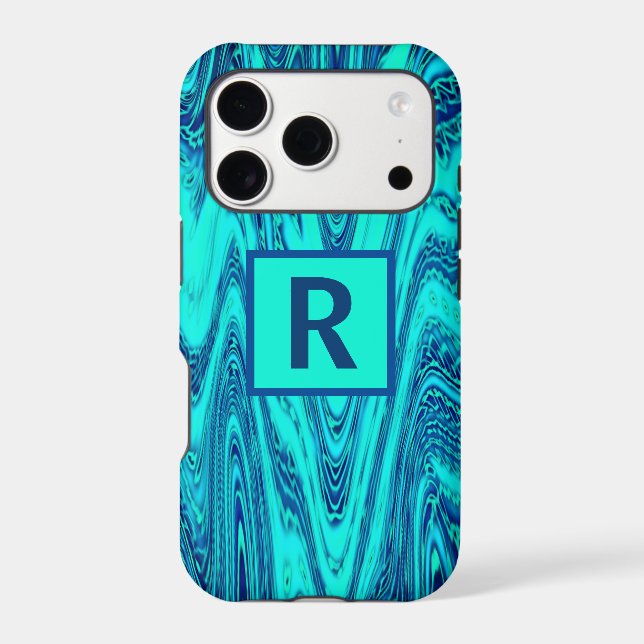 Teal Blue Wavy Abstract Patterns Monogram Initials Iphone Case (Back)
