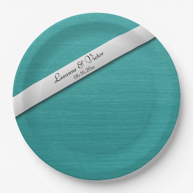 Teal Blue Wedding Bells Personalized Paper Plates (Front)