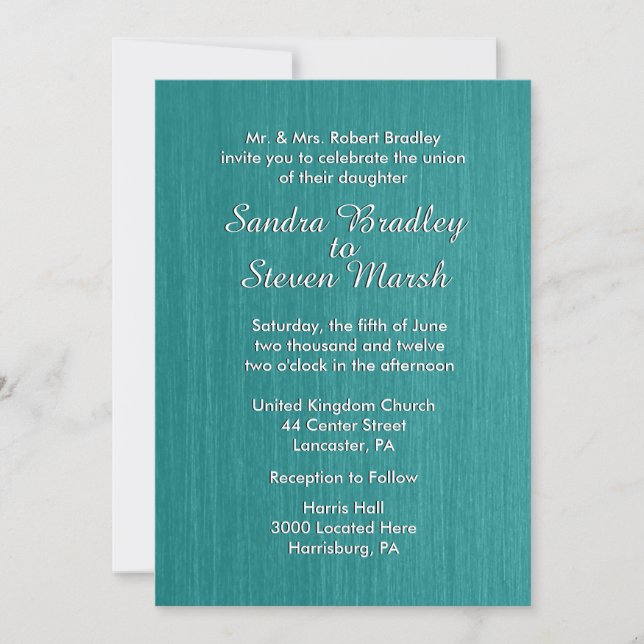 Teal Blue Wedding Invitation 5" x 7" (Front)