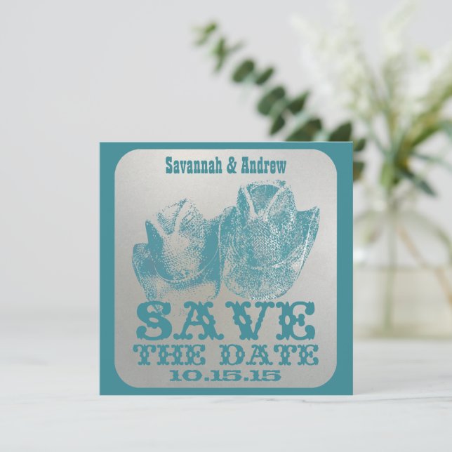 Teal Blue Western Cowboy Cowgirl Wedding  Save The Date (Standing Front)