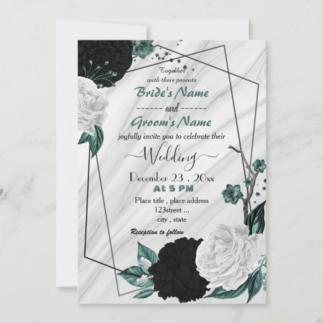 teal blue white and black floral geometric wedding invitation (Front)
