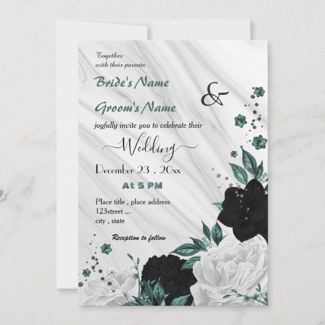 teal blue white and black floral wedding invitation (Front)