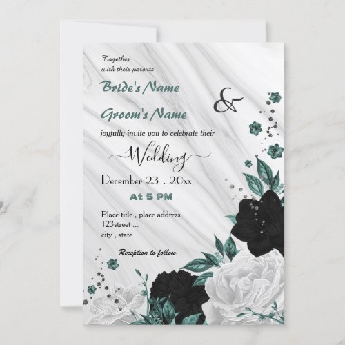teal blue white and black floral wedding invitation