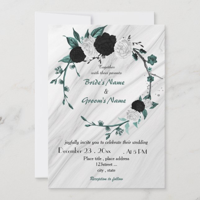 teal blue white and black floral wreath wedding invitation (Front)