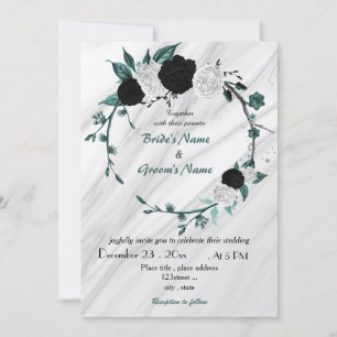 teal blue white and black floral wreath wedding invitation