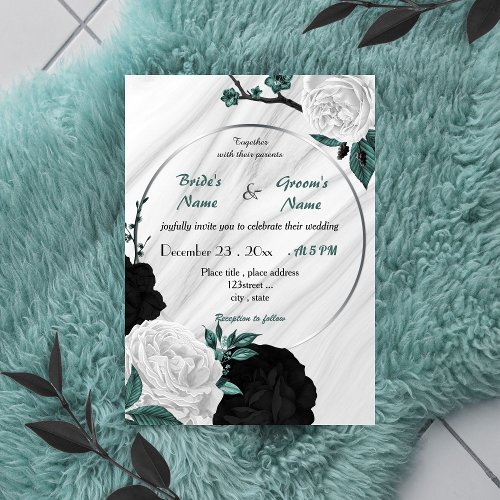 teal blue white and black floral wreath wedding invitation