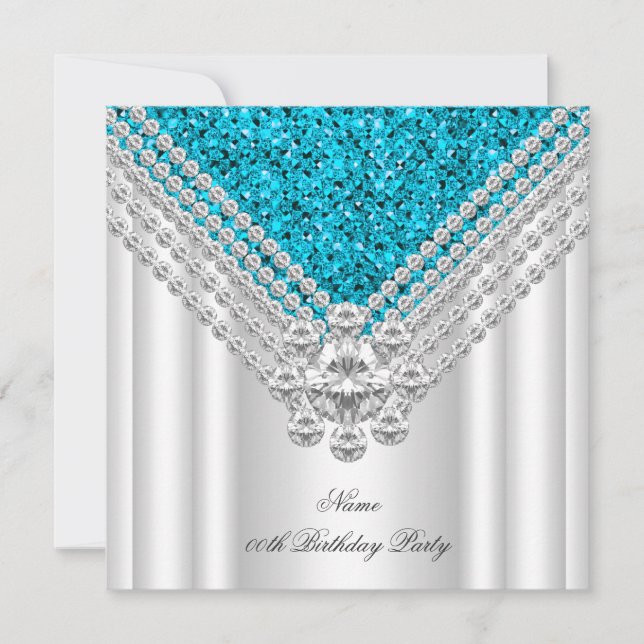 Teal Blue White Birthday Party Glitter Diamond Invitation (Front)