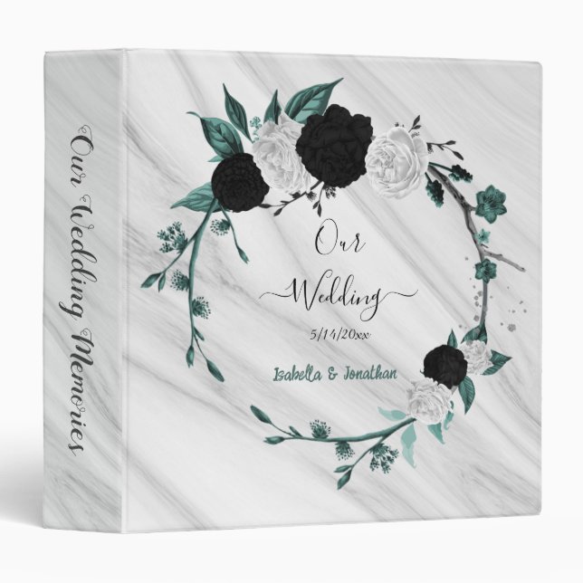 teal blue white black floral wreath photo album 3 ring binder (Front/Spine)