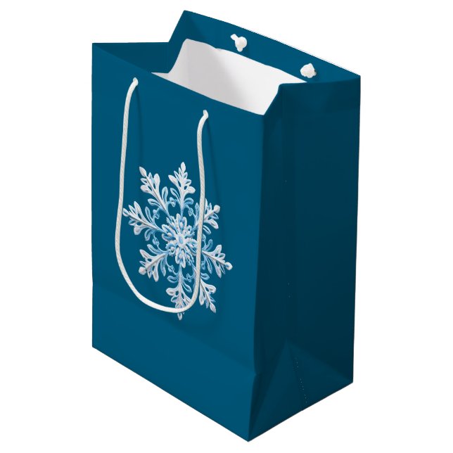 Teal Blue White Christmas Snowflake Medium Gift Bag (Front Angled)