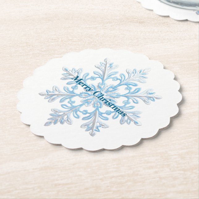 Teal Blue White Christmas Snowflake Paper Coaster (Angled)