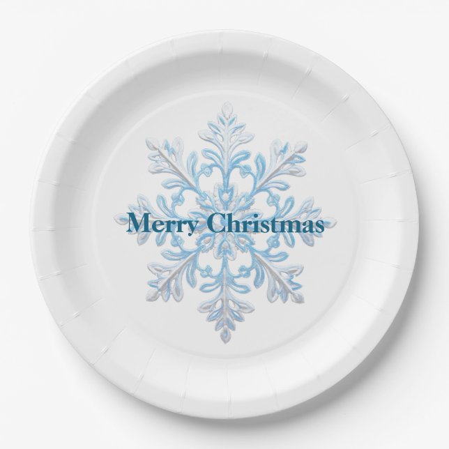 Teal Blue White Christmas Snowflake Paper Plates (Front)