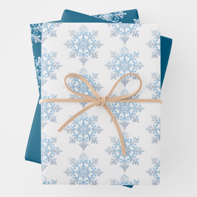 Teal Blue White Christmas Snowflake Wrapping Paper Sheets (In situ)