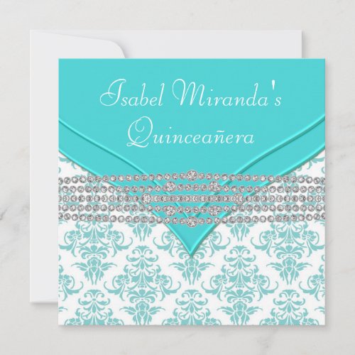Teal Blue White Damask Diamond Quinceanera Invites