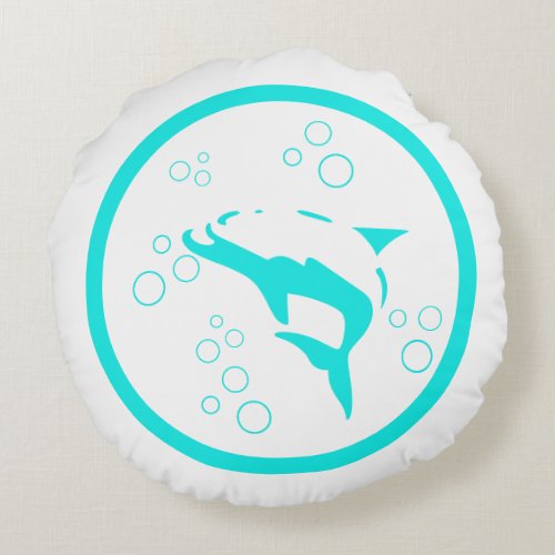 Teal blue white DOLPHIN  bubbles nautical Round Pillow