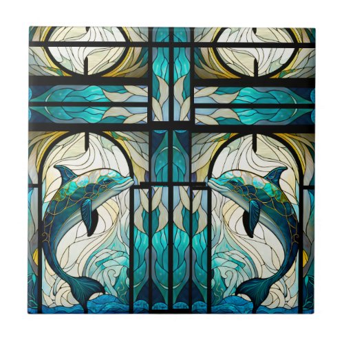 Teal Blue White Dolphin Faux Mosaic Stained Glass Ceramic Tile