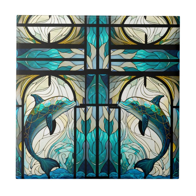 Teal Blue White Dolphin Faux Mosaic Stained Glass Ceramic Tile (Front)