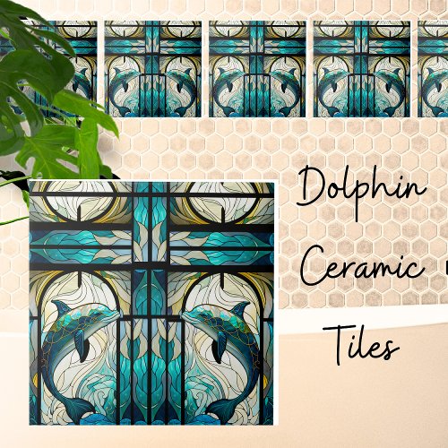 Teal Blue White Dolphin Faux Mosaic Stained Glass Ceramic Tile