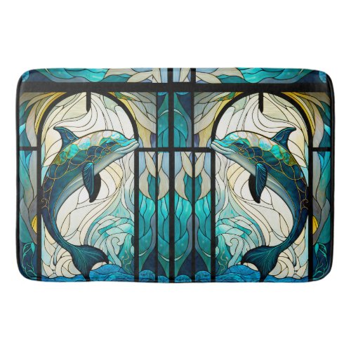 Teal Blue White Dolphin Look of Stained Glass Bath Mat