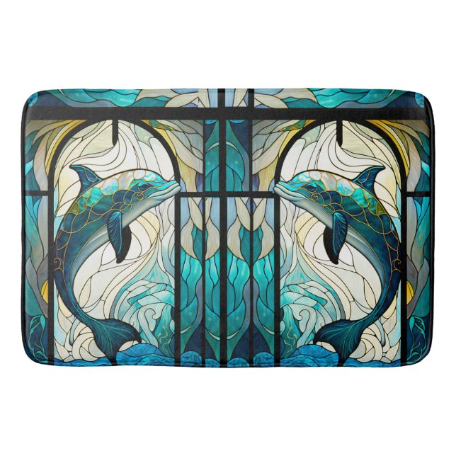 Teal Blue White Dolphin Look of Stained Glass Bath Mat (Front)
