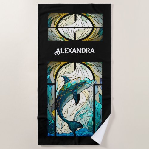 Teal Blue White Dolphin Look of Stained Glass Beach Towel