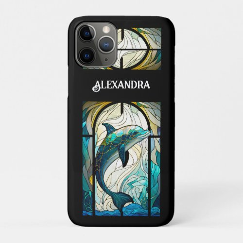 Teal Blue White Dolphin Look of Stained Glass iPhone 11 Pro Case