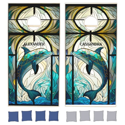 Teal Blue White Dolphin Look of Stained Glass Cornhole Set