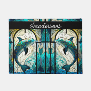 Teal Blue White Dolphin Look of Stained Glass Doormat