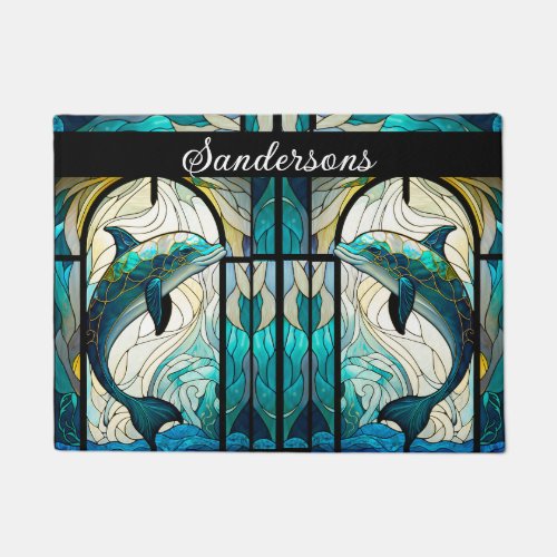 Teal Blue White Dolphin Look of Stained Glass Doormat