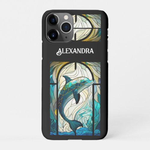 Teal Blue White Dolphin Look of Stained Glass iPhone 11Pro Case