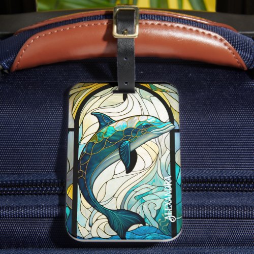 Teal Blue White Dolphin Look of Stained Glass Luggage Tag