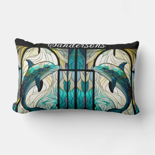Teal Blue White Dolphin Look of Stained Glass Lumbar Pillow