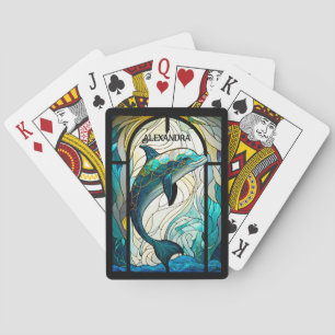 Teal Blue White Dolphin Look of Stained Glass Poker Cards