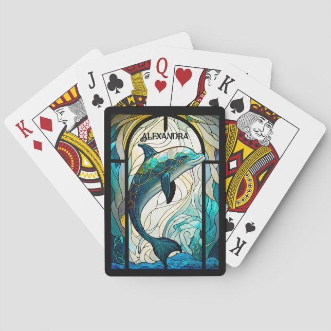 Teal Blue White Dolphin Look of Stained Glass Poker Cards (Back)