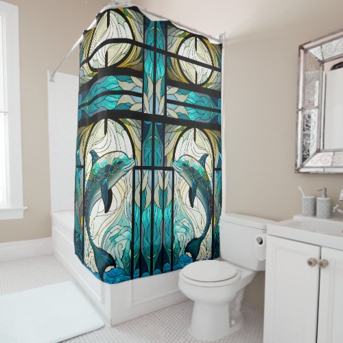 Teal Blue White Dolphin Look of Stained Glass Shower Curtain