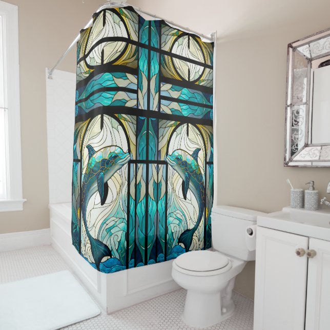 Teal Blue White Dolphin Look of Stained Glass Shower Curtain (In Situ)