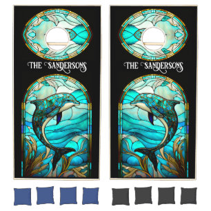 Teal Blue White Dolphin Stain Glass look Cornhole Set
