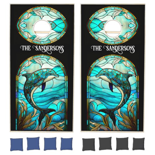 Teal Blue White Dolphin Stain Glass look Cornhole Set