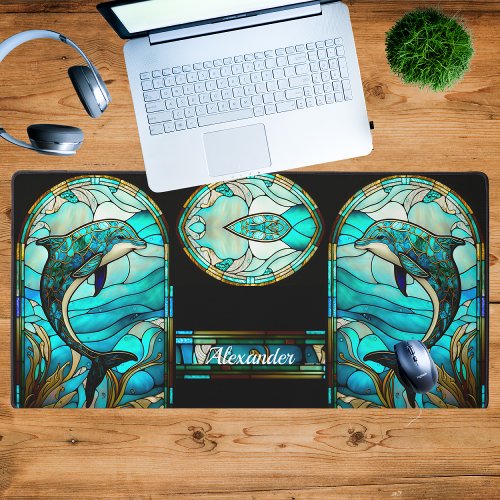 Teal Blue White Dolphin Stain Glass look Desk Mat