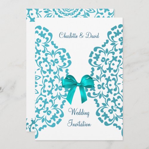 Teal Blue White Elegant Classy Lace Wedding Invitation