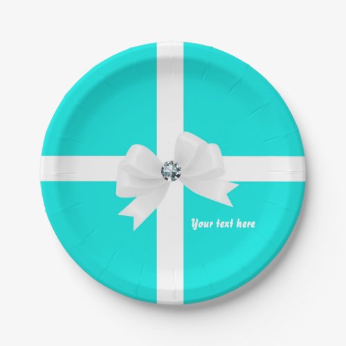 Teal Blue  White Elegant Glam Diamond Bow Paper Plates