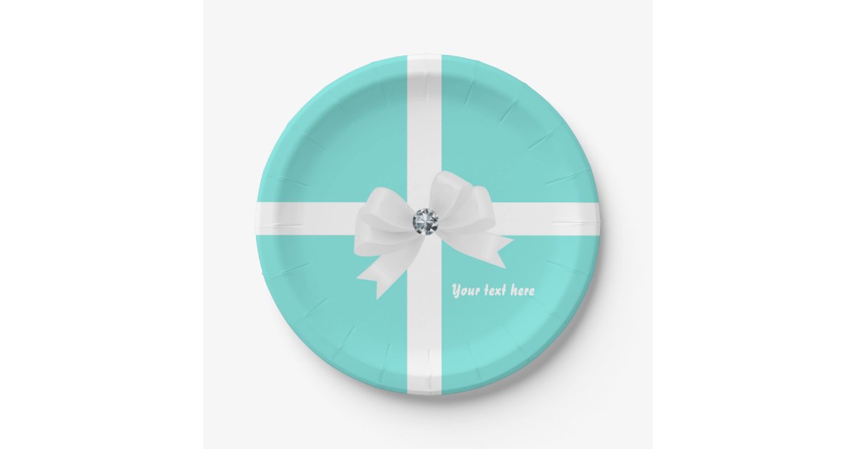 Teal Blue & White Elegant Glam Diamond Bow Paper Plates | Zazzle